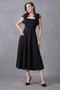 Black Stretchy Crepe Fabric Strapless Neck Tie-Up Strap Detail Midi Length Black Flared Dress 77127 - 6