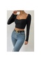 Marsilyan- Women's Black Long Sleeve Low-Cut Chic Crop Top Blouse - 6