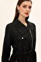 Handkerchief Collar Zipper Closure Glitter Jacquard Patterned Unlined Cap Black 6740 - 6