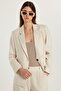 Women's Slim Fit Long Sleeve Mono Collar Buttoned Ecru Jacket Pants Suit - 2