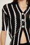 Women's Standard Fit Short Sleeve V Neck Button Knitted Detail Striped Suit - 3