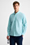 Lasse Men's Shirt Collar Cuffed Long Sleeve Regular Fit Linen Blended Mint Green Shirt - 4