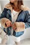 Women's Denim Coat with Fur Collar and Sleeves - 2