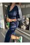 Exotic Asortic Women's V-Neck and Long Sleeve 3 Stripe Midi Length Combed Cotton Dress - 5
