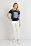 Women's Print Pattern Short Sleeve Cotton Blouse 24099 Navy Blue - 2