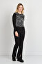 Women's Crew Neck Patterned Short Front Long Back Blouse 24595 Black-Ecru - 2