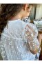 Girl's Floral Patterned 100% Cotton Lined White Chiffon Summer Dress with Elastic Sleeves - 4
