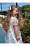 Girl's Floral Patterned 100% Cotton Lined White Chiffon Summer Dress with Elastic Sleeves - 3