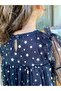 Girl's Star Patterned 100% Cotton Lined Black Chiffon Summer Dress with Elastic Sleeves - 6