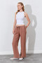 Linen Trousers with Belted Waist, Side Pockets and Wide Leg Cut - Mink |   Ek100661328 - 2