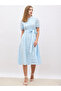 Schiffli Puff Sleeves Belted Shirt Midi Dress - 2