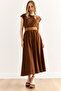 Women's Brown Elastic Waist Bat Combed Cotton Dress Elb-19001509