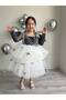Girl's Gray Bow Detailed Tutu Skirt Velvet Fake Sleeve Detailed Party Dress + Oversleeves + Buckle