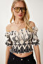 Women's Cream Black Patterned Carmen Collar Stretchy Crop Knitted Blouse Zh00051