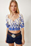Women's Cream Blue Patterned Carmen Collar Stretchy Crop Knitted Blouse Zh00051 - 2