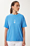 Women's Sky Blue Printed Oversize Knitted T-Shirt An00245 - 4