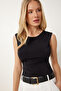 Women's Black Gather Detailed Snap Fastener Stretchy Knitted Blouse Dp00249 - 2
