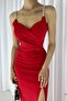 Scuba Fabric Strap Stone Detail Thin Strap Slit Evening Dress Red - 2