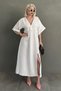 White 100% Cotton V-Neck Knit Detail Slit Dress Sh227 - 2