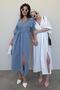 Blue 100% Cotton V-Neck Knit Detail Slit Dress Sh227 - 7
