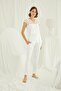 Women's Ecru Pajama Set with Lace on the Collar, Sleeves, and Shoulders, Buttoned Front - 4