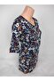 Women's Navy Blue U-Neck Short Sleeve Patterned Slit Woven Viscose Mother Combed Cotton T-Shirt - 2