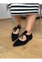 Faylinn Black Women's Flat Shoes with Pointed Toe Black Staple Stone Embroidered Bow Detail - 4