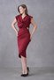 Women's Stretchy Crepe Fabric Padded Shoulder Wrap Cut Shiny Buckle Decorated Collar Midi Burgundy Dress 77119 - 8