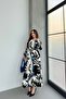Women's Black Blue Patterned Long Sleeve, Belted, Long Viscose Shirt Dress - 5