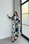 Women's Black Blue Patterned Long Sleeve, Belted, Long Viscose Shirt Dress - 2