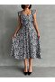Women's Black Floral Patterned Summer Woven Dress with Ruffle Detail