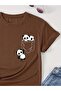 Unisex Brown Cute Pandas Printed Cotton, Oversized, Stylish, Casual T-Shirt - 2