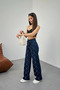 Women's Navy Blue High Waist Diamond Stone Lycra Straight Jeans - 7