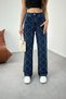 Women's Navy Blue High Waist Diamond Stone Lycra Straight Jeans