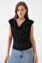 Women's Black Sandy Fabric Draped Collar Padding Detailed Tank Top 8113 - 4