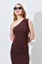 One Shoulder Side Draped Sandy Dress - Brown |   28-1691 - 4