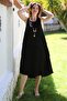 Black Pool Collar Sleeveless Dirty Stitched Casual Muslin Woven Dress 120 63