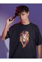 Lion Color Printed Men's Cycling Collar Cotton Oversize Short Sleeve T-Shirt - 3
