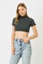Women's short sleeve stand collar crop ribbed blouse 922 smoky