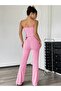 Pink Strapless Ruched Asymmetric Flared Pants Set - 3