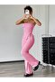 Pink Strapless Ruched Asymmetric Flared Pants Set - 5