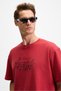 Bondia Men's Print Detailed 100% Organic Cotton Oversize Fit Crew Neck Short Sleeve Claret Red T-Shirt - 3