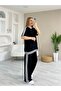 Women's Short Sleeve Crew Neck Double Color Stripe Detailed Viscose Two Thread Blouse and Pants Double Set - 2