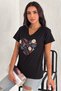 Women's Black V-Neck Design Flower Embroidery Embroidered 100% Cotton T-Shirt - 3