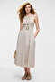 Catala Women's Poplin Woven Body Hugging Hollow Neck Zero Sleeve Beige Dress - 3