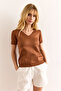 Women's Brown V-Neck Short Sleeve Basic Knitwear Blouse Blz-19002982 - 3