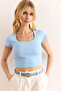 Women's Baby Blue Square Neck Crop Interlock Blouse Blz-19002965
