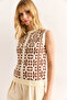 Women's Brown Button Detailed Geometric Patterned Knitwear Blouse Blz-19002984