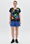 Digital Printed Mesh Garnished V-Neck T-Shirt