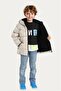 Boy's Beige Compass Pattern Fleece Water and Windproof Hooded Puffer Winter Coat with Pockets - 2